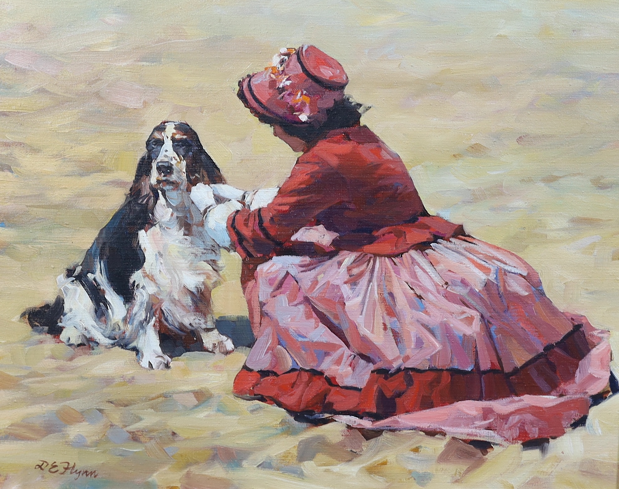 Dianne E. Flynn (English, b.1939), oil on canvas, Woman and spaniel on the beach, signed, 40 x 50cm